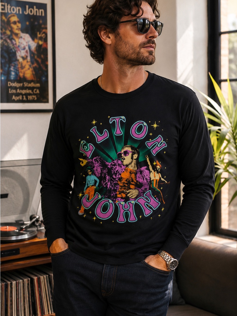 Elton John Glow Retro Collage Photo Long Sleeve T-Shirt Black Size L NWT